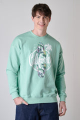 FELPA VERDE MENTA GIROCOLLO CON STAMPA CALIFORNIA E INSERTO IN TESSUTO